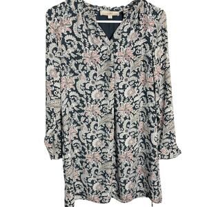 LOFT Petite XSP Navy Paisley Floral Blouse Boho 3/4 Sleeve Shift Dress